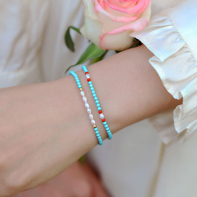 Wear FengShui Turquoise Red Agate Pearl Small Beaded Protection Bracelet