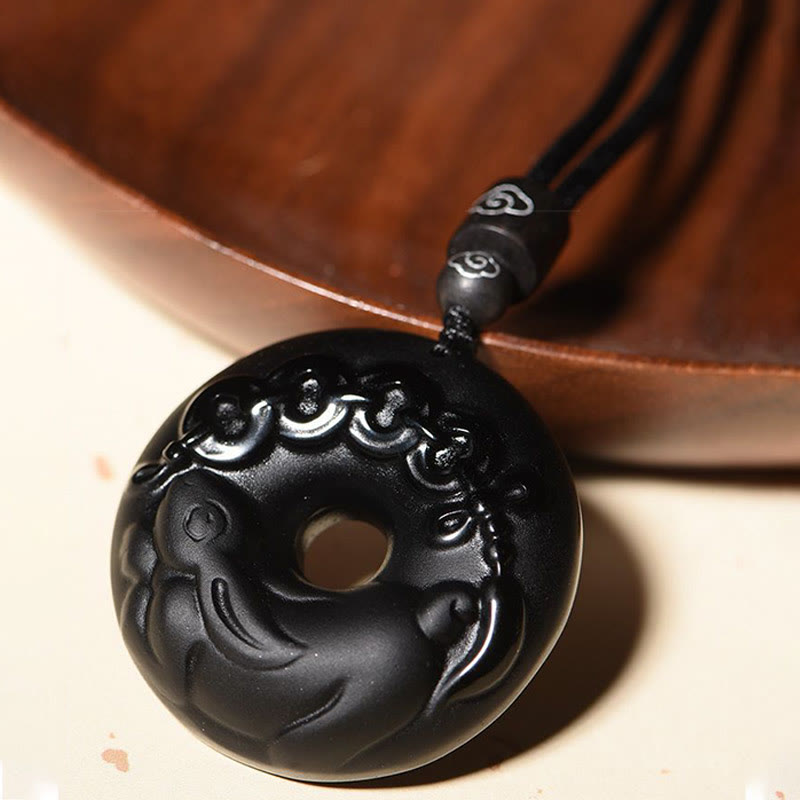 Wear FengShui Chinese Zodiac Natural Black Obsidian Peace Buckle Strength Necklace Pendant