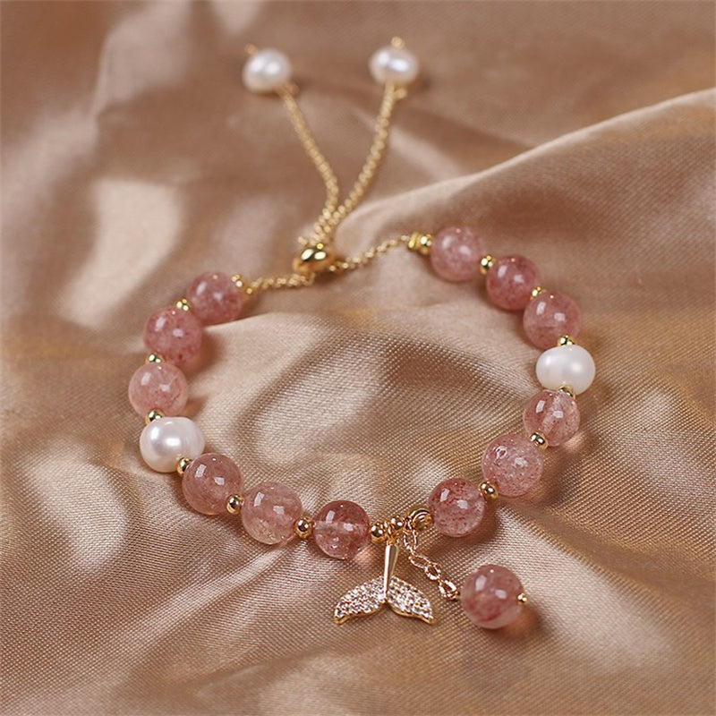 Wear FengShui Strawberry Quartz Rutilated Quartz Fishtail Charm Healing Bracelet