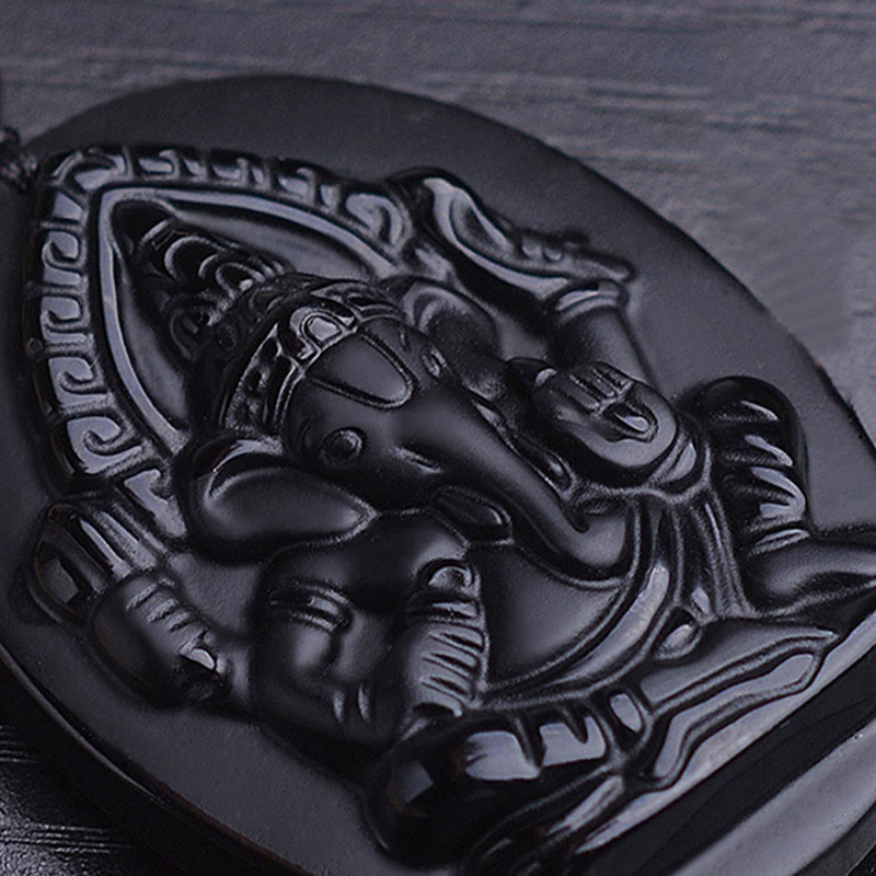 Wear FengShui Tibetan Obsidian Ganesh Ganpati Elephant Wealth Amulet Necklace