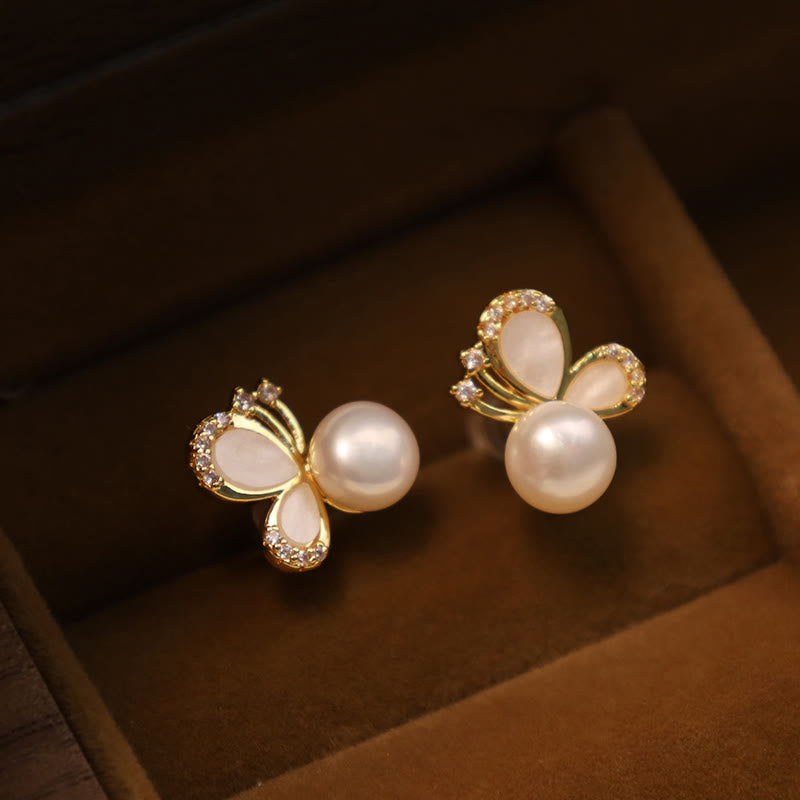 Wear FengShui 925 Sterling Silver Posts 18K Gold Plated Copper Natural Pearl Butterfly Zircon Healing Stud Earrings