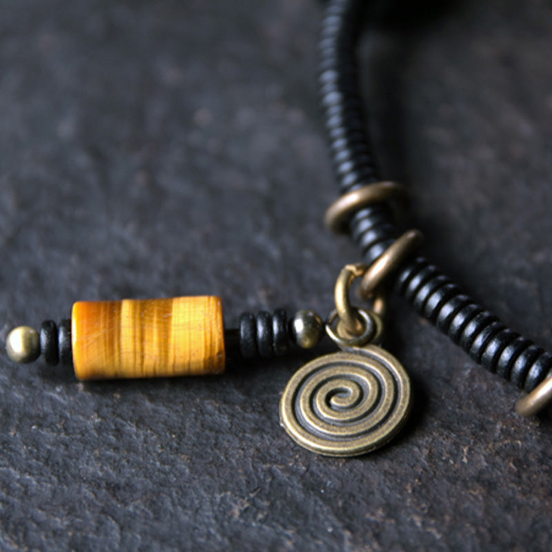 Wear FengShui Ebony Wood Dzi Bead Copper Peace Couple Bracelet Necklace Pendant