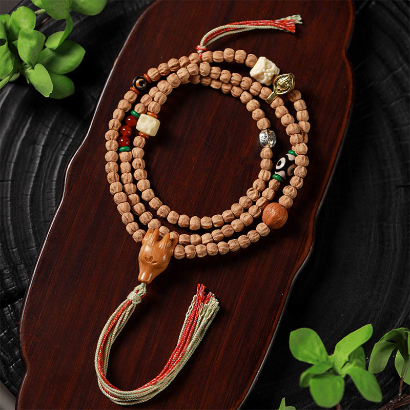 Wear FengShui 108 Beads Bodhi Seed Red Agate Deer Head Wisdom Mala Bracelet