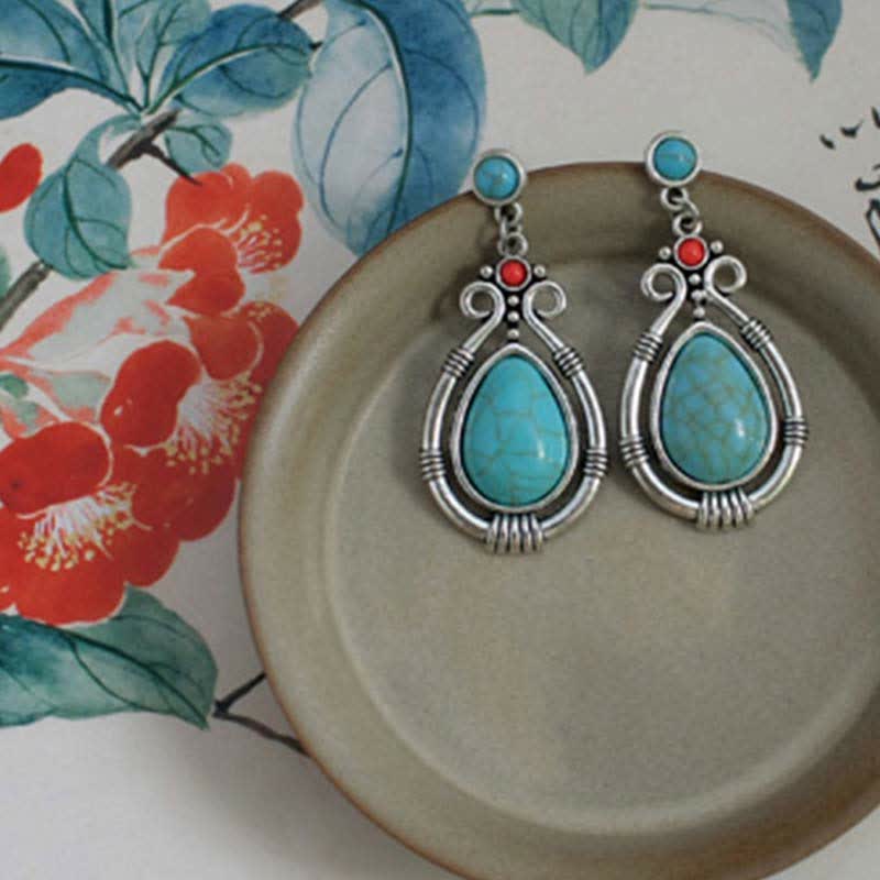 Wear FengShui Tibet Vintage Turquoise Waterdrop Strength Drop Dangle Earrings Clips