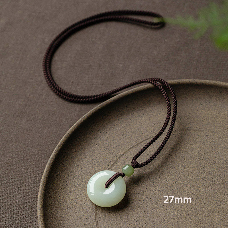 Wear FengShui Natural Round Jade Peace Buckle Luck Prosperity Necklace Pendant