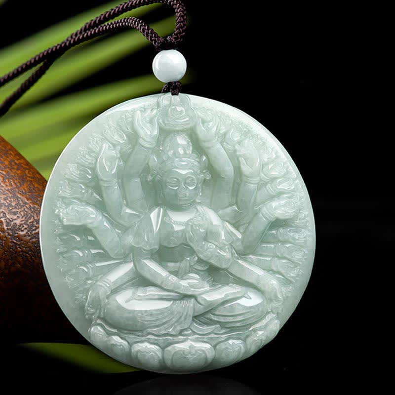 Wear FengShui Thousand-Hand Kwan Yin Avalokitesvara Jade Blessing String Necklace Pendant