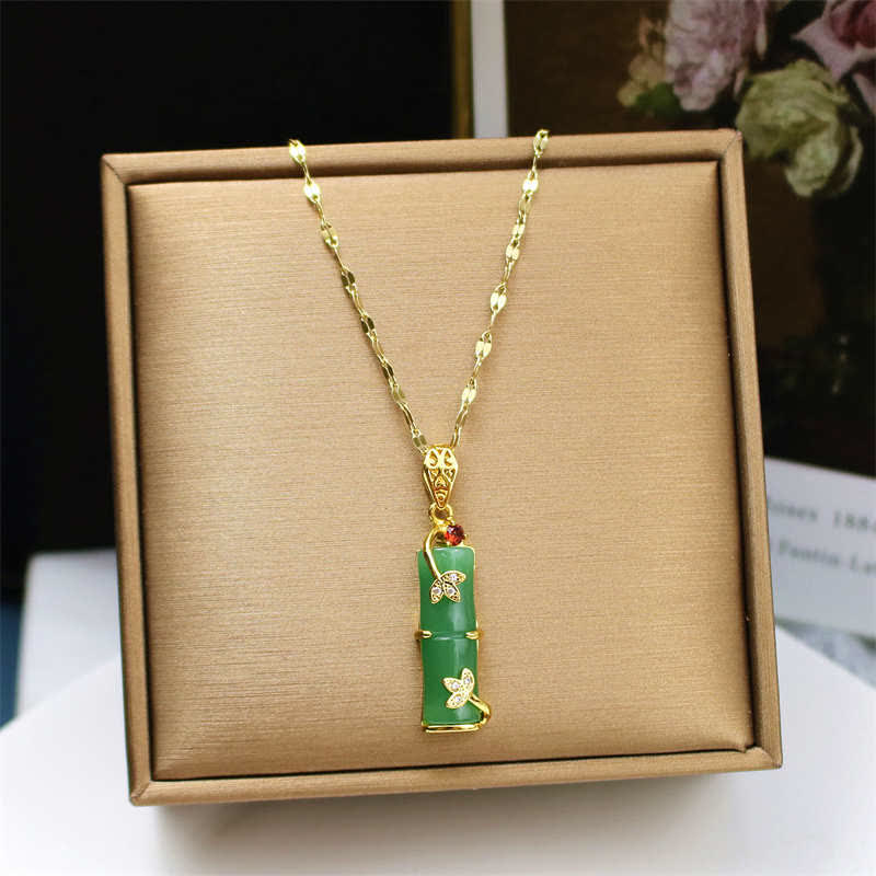 Wear FengShui White Jade Cyan Jade Bamboo Luck Protection Necklace Pendant