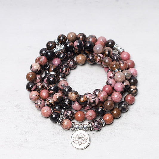 Wear FengShui 108 Mala Beads Rhodonite Lotus Compassion Energy Bracelet