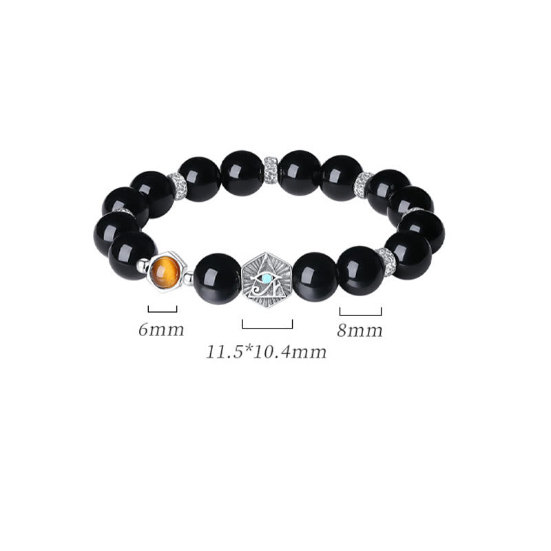 Wear FengShui 925 Sterling Silver Black Obsidian Tiger Eye Eye of Providence Purification Bracelet