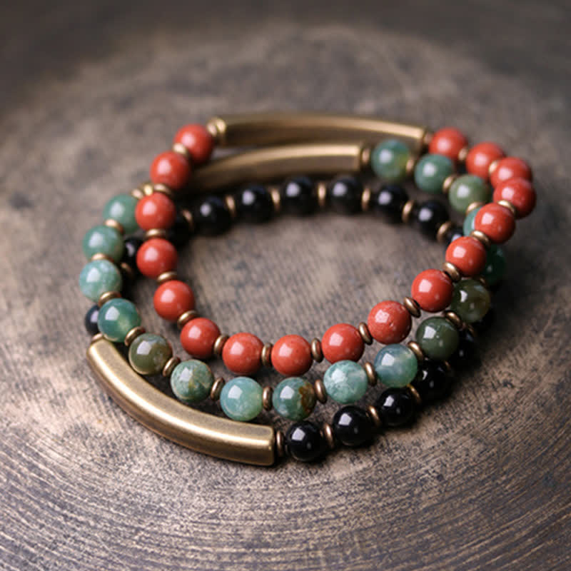 Wear FengShui Red Jasper Moss Agate Black Obsidian Crystal Copper Peace Couple Bracelet
