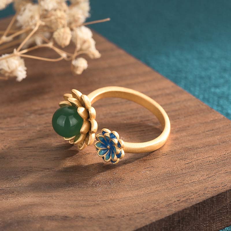 Wear FengShui Lotus Pattern Jade Abundance Adjustable Ring