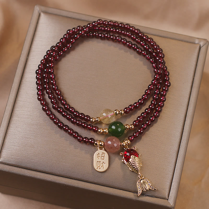 Wear FengShui Natural Garnet Strawberry Quartz Crystal Fox Koi Fish Peace Buckle Fortune Protection Triple Wrap Bracelet