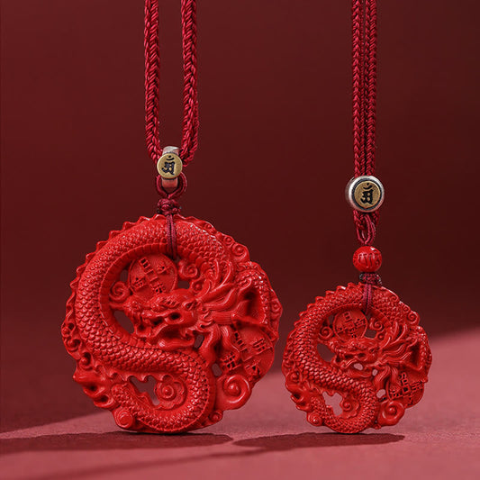 Wear FengShui Year of the Dragon 925 Sterling Silver Natural Cinnabar Copper Coin Luck Necklace Pendant