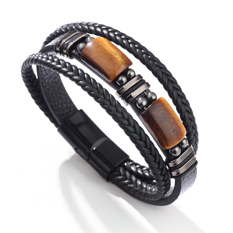 Wear FengShui Tiger Eye Power Magnetic Buckle Multilayered Leather Bracelet