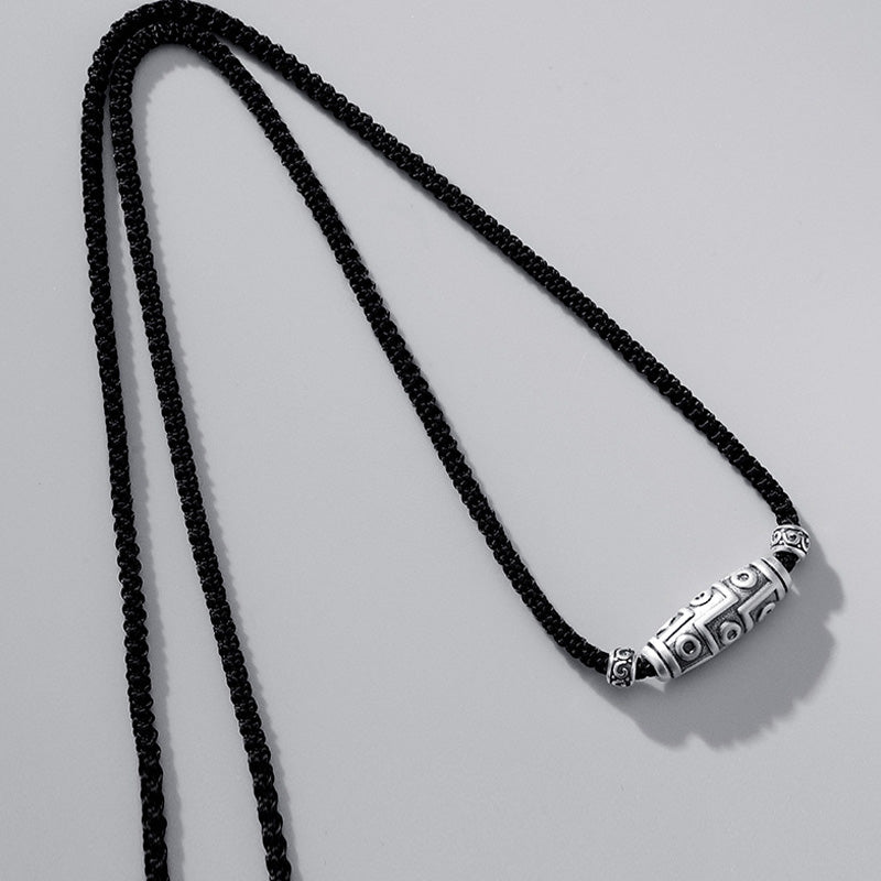 Wear FengShui 999 Sterling Silver Nine-Eye Dzi Bead Pattern Protection Rope Necklace Pendant