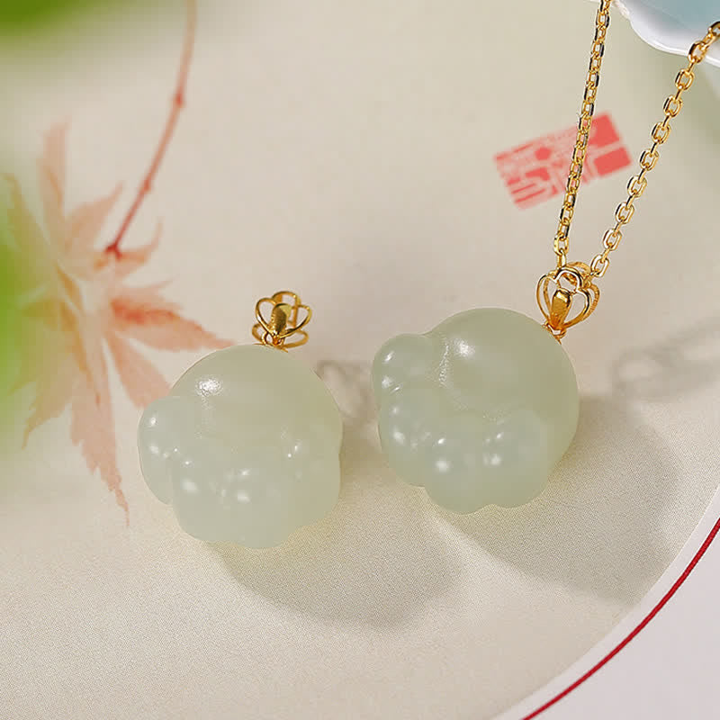 Wear FengShui 925 Sterling Silver Hetian White Jade Cute Cat Paw Luck Necklace Pendant