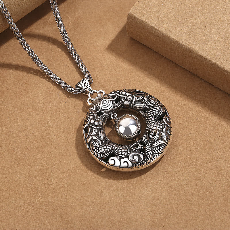 Wear FengShui Double Dragon Playing Bead Copper Protection Necklace Pendant