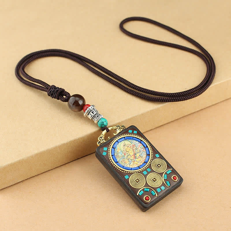 Wear FengShui Tibet God of Wealth Thangka Ebony Peace Necklace Pendant