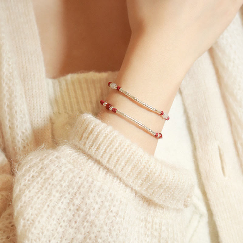 Wear FengShui 925 Sterling Silver Bamboo White Agate Red Agate Bead Protection String Braided Bracelet