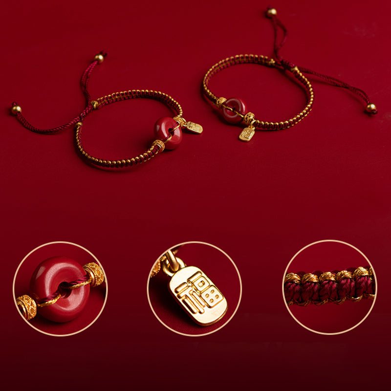 Wear FengShui Natural Cinnabar Peace Buckle Fu Character Charm Blessing Braided Bracelet
