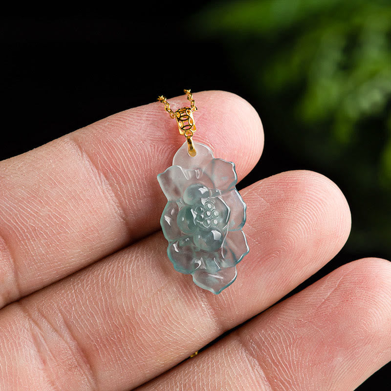 Wear FengShui Natural Jade Lotus Pattern Prosperity Titanium Steel Chain Necklace Pendant