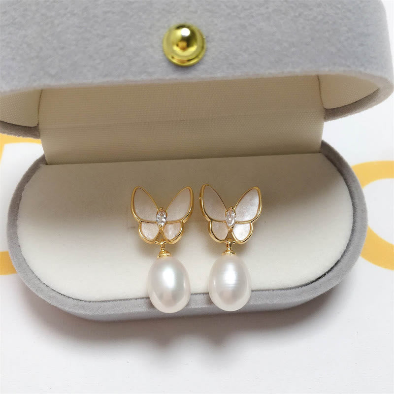 Wear FengShui 925 Sterling Silver Posts 18K Gold Plated Copper Pearl Butterfly Optimism Stud Earrings