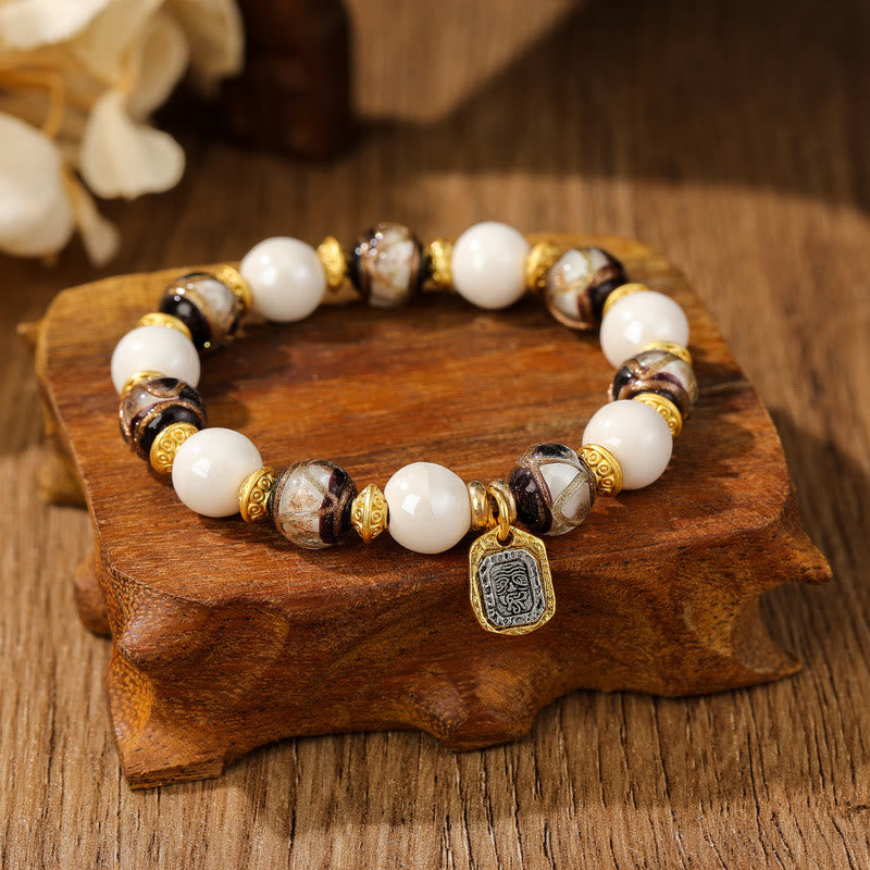 Wear FengShui Tibetan Zakiram Goddess of Wealth Charm Liuli Glass Incense Ash Porcelain Bead Protection Bracelet