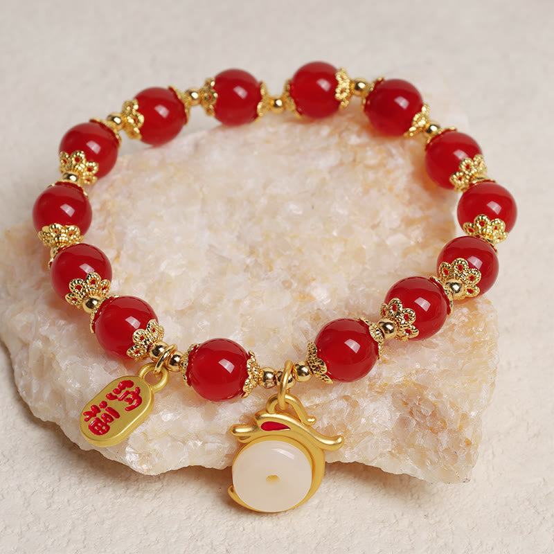 Wear FengShui Year of the Dragon Red Agate Green Aventurine Peace Buckle Fu Character Lucky Fortune Bracelet