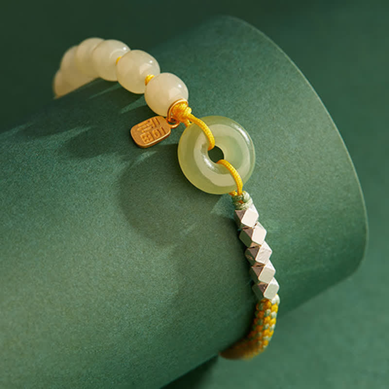 Wear FengShui 925 Sterling Silver Hetian Jade Peace Buckle Beaded Luck Happiness Charm Bracelet