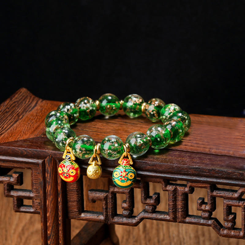 Wear FengShui Gold Swallowing Beast Family Charm Luminous Fluorescent Liuli Glass Bead Success Bracelet