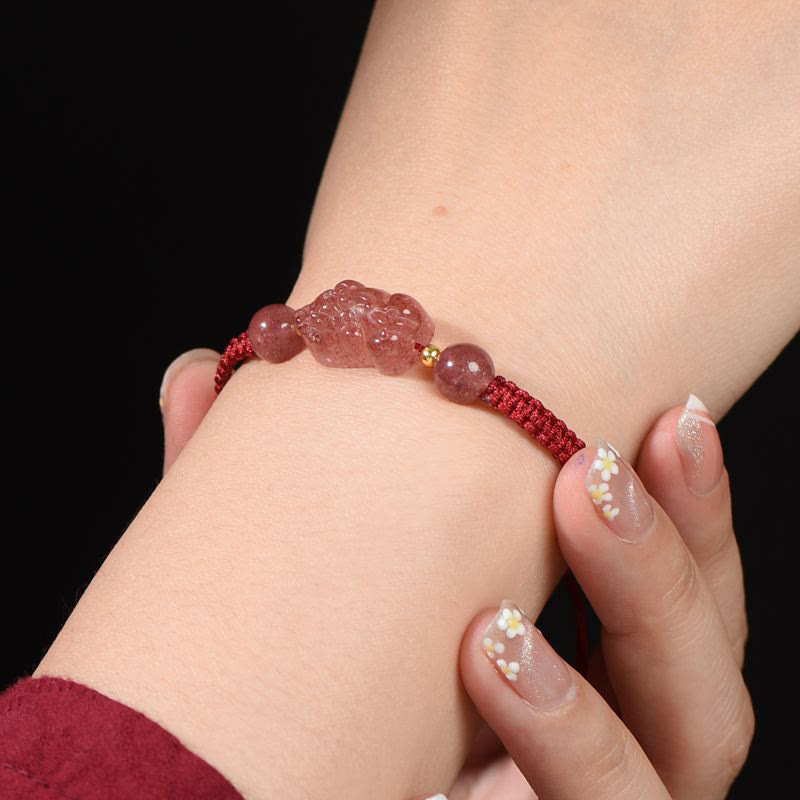 Wear FengShui Natural Strawberry Quartz PiXiu Lucky Red String Bracelet