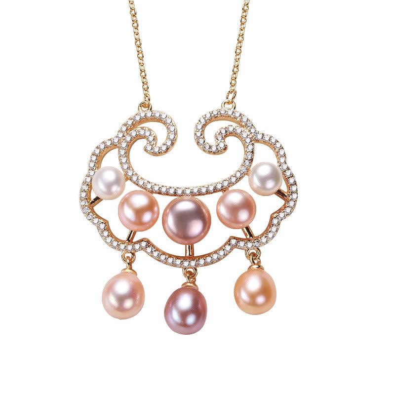 Wear FengShui 18K Gold Plated Natural Pearl Chinese Lock Charm Sincerity Necklace Pendant