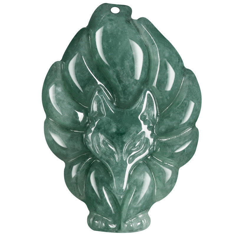 Wear FengShui Natural Green Jade Nine Tailed Fox Luck Necklace Pendant