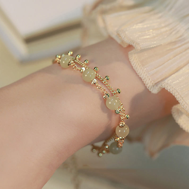 Wear FengShui 14K Gold Plated 2 Layers Hetian Jade Bead Luck Prosperity Bracelet