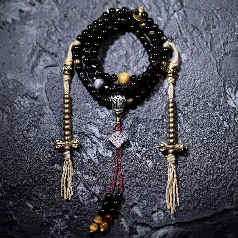 Wear FengShui 108 Mala Beads Gold Sheen Obsidian Tiger Eye Eagle's Eye Stone Wealth Bracelet