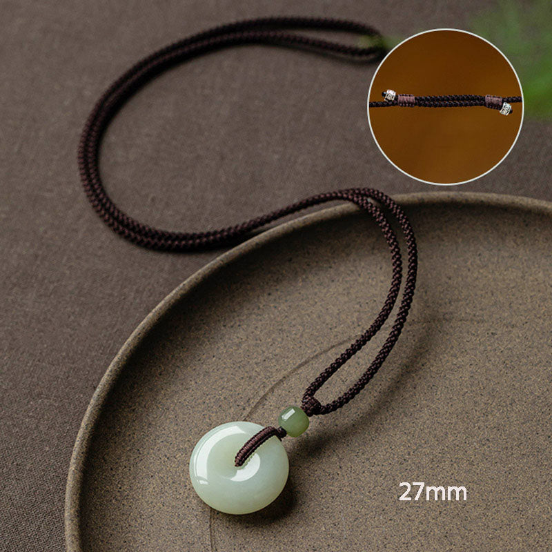 Wear FengShui Natural Round Jade Peace Buckle Luck Prosperity Necklace Pendant