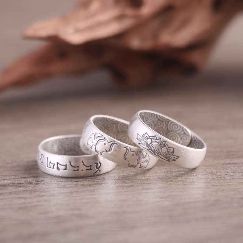 Wear FengShui 999 Sterling Silver Lotus Elephant Six True Words Blessing Ring