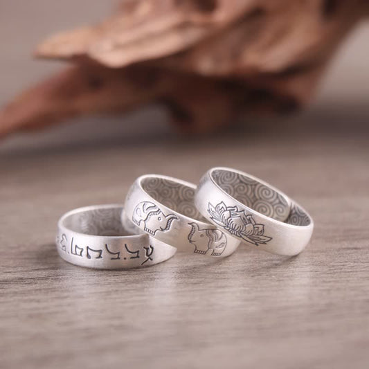 Wear FengShui 999 Sterling Silver Lotus Elephant Six True Words Blessing Ring
