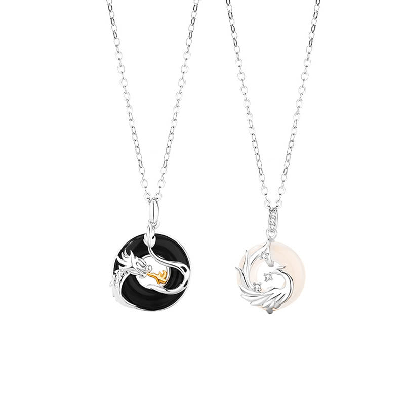 Wear FengShui 925 Sterling Silver Year of the Dragon Natural Black Onyx Chalcedony Dragon Phoenix Peace Buckle Protection Necklace Pendant
