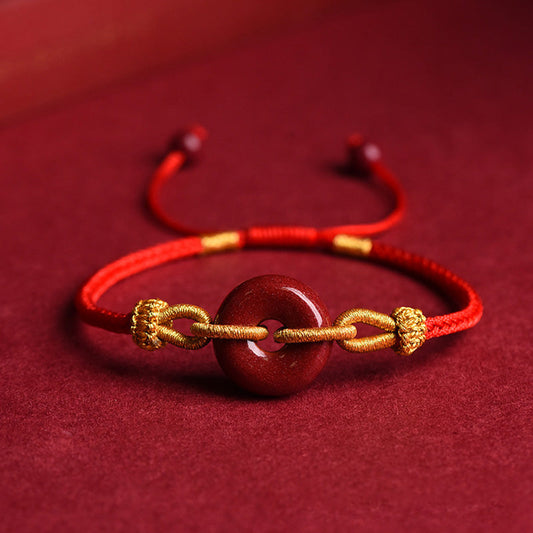 Wear FengShui Handmade Cinnabar Peace Buckle Blessing Braided Rope Bracelet