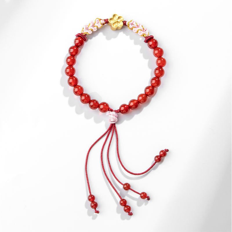 Wear FengShui 999 Sterling Silver Natural Red Agate Pink Crystal Cherry blossom Bracelet