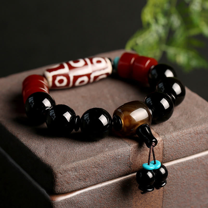 Wear FengShui Tibetan Nine-Eye Dzi Bead Black Onyx Wealth Protection Bracelet