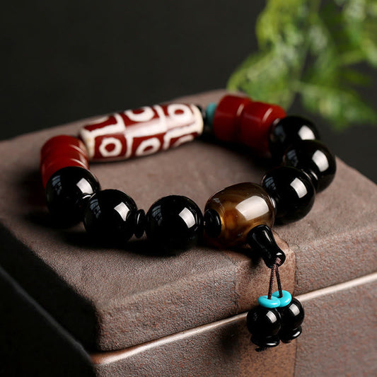 Wear FengShui Tibetan Nine-Eye Dzi Bead Black Onyx Wealth Protection Bracelet