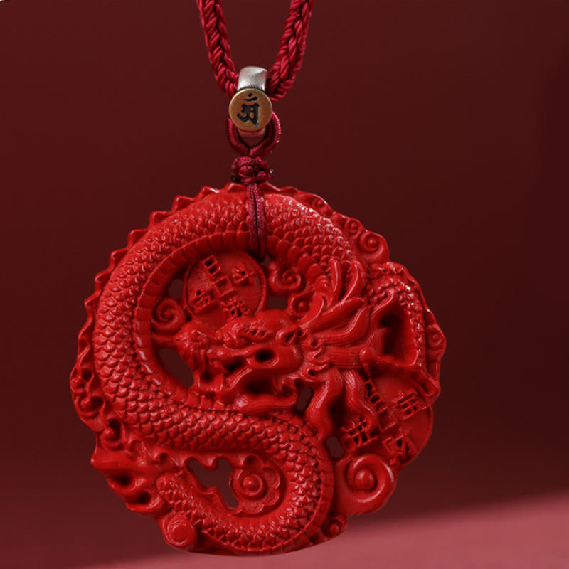 Wear FengShui Year of the Dragon 925 Sterling Silver Natural Cinnabar Copper Coin Luck Necklace Pendant