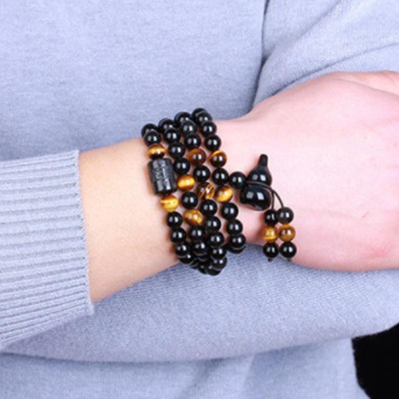 Wear FengShui Natural Black Obsidian Rainbow Obsidian Gourd Blessing Bracelet Mala