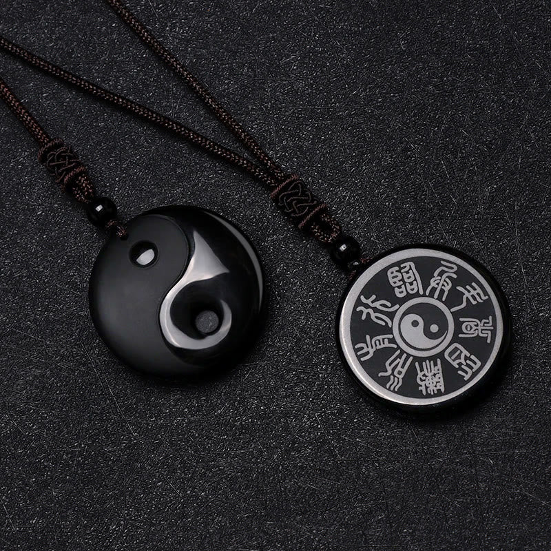 Wear FengShui Black Obsidian Taoism Five Sacred Mountains Nine-Character Mantra Carved Purification Yin Yang Necklace Pendant