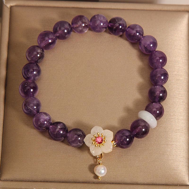 Wear FengShui Natural Amethyst White Agate Pearl Charm Balance Bracelet