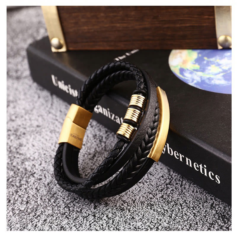 Wear FengShui Leather Multi-Layer Titanium Steel Balance Braided Magnetic Buckle Bracelet