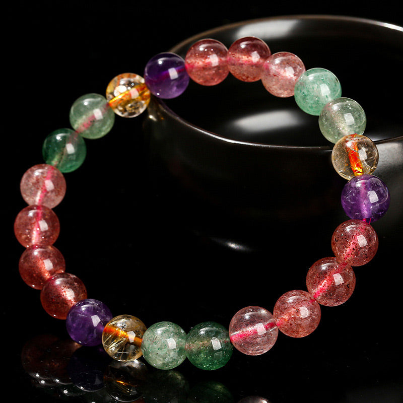 Wear FengShui Natural Multicolored Strawberry Quartz Love Healing Beaded Bracelet