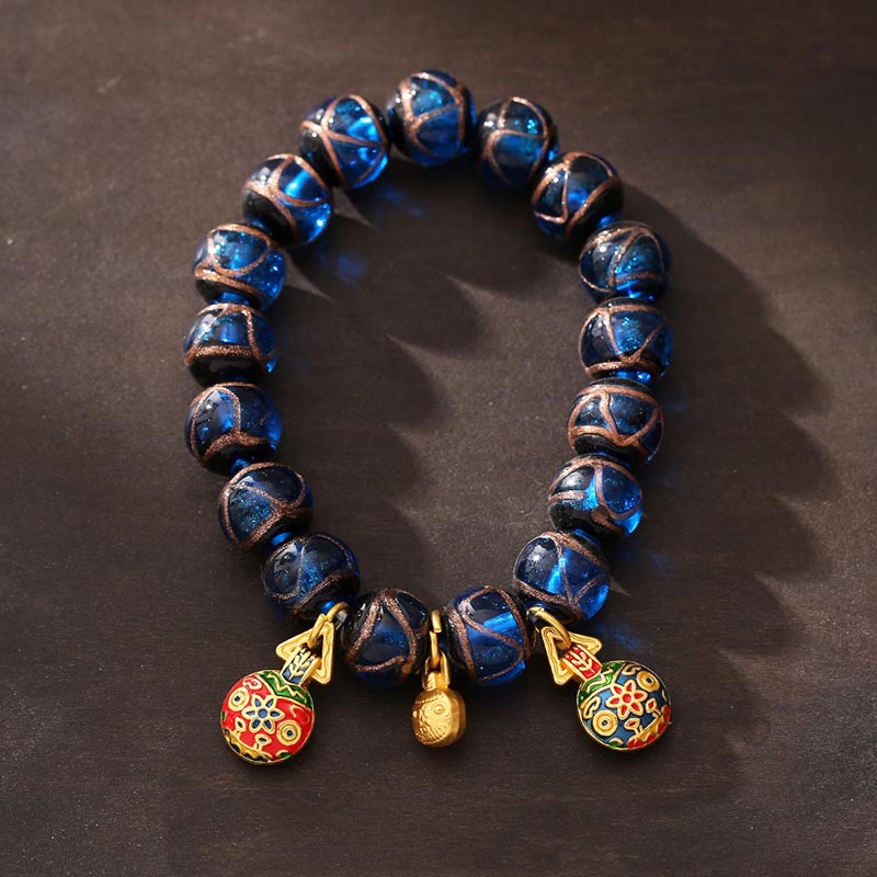Wear FengShui Gold Swallowing Beast Luck Charm Blue Liuli Glass Bead Fortune Bracelet